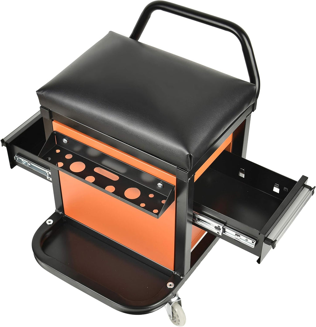 Eisen Rolling Tool Box with Seat, Mechanics Seat with Storage Drawers and 2-1/2" Swivel Casters, 300 lb. Capacity