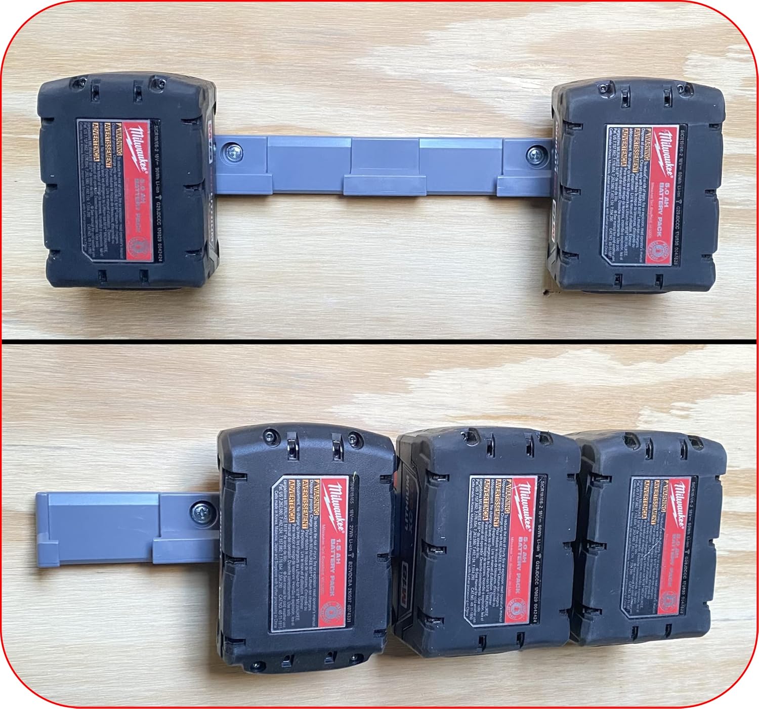 Milwaukee M18 Battery Holder | 4x 18V Battery Storage | Wall Mount | Grey ABS | 0.75 x 1.5 x 12" | Heat Resistant | USA