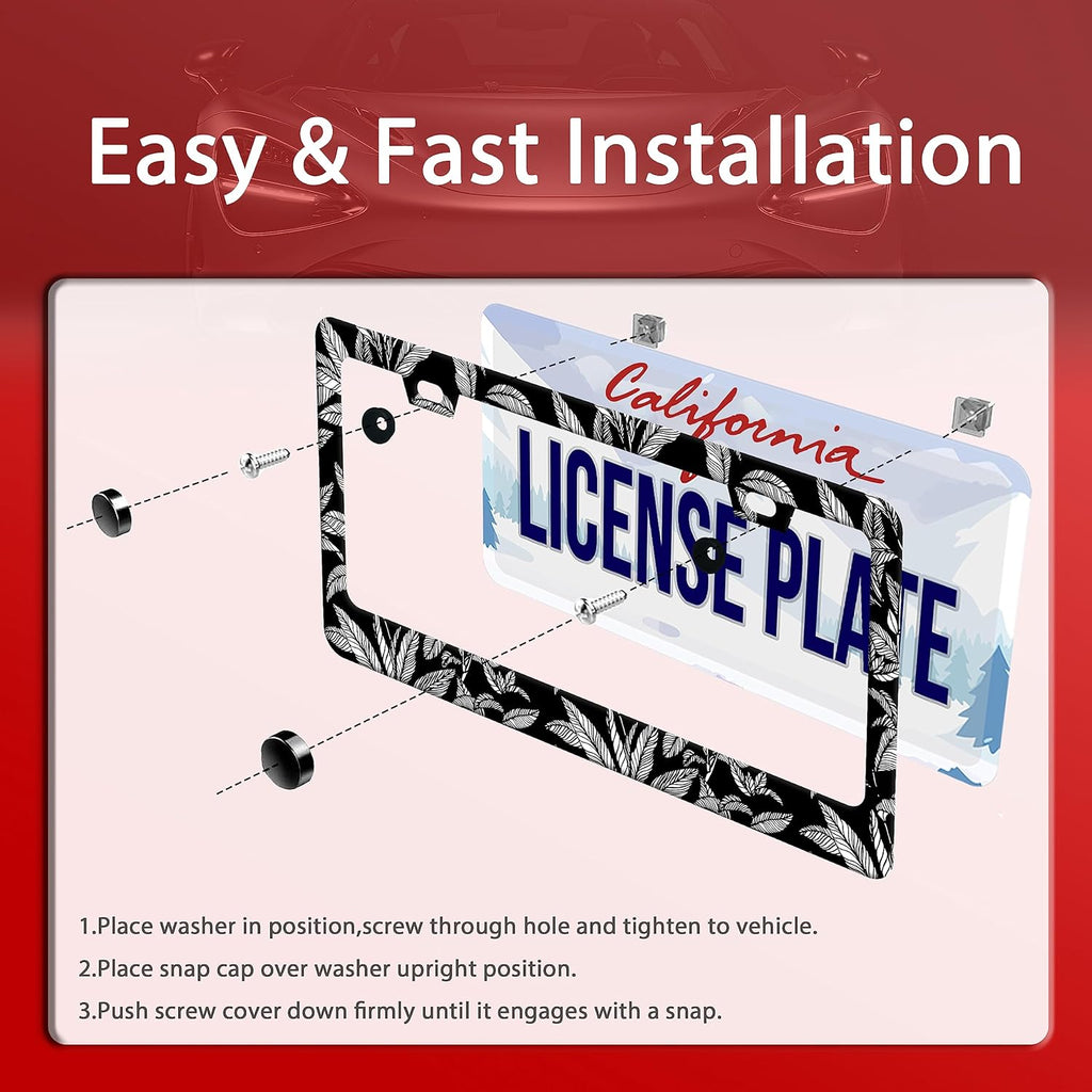 Black White Tropical Leaf License Plate Frame License Plate Stainless Steel Auto Parts License Plate Decorative with Screws Size 12.3" x 6.3" for Men Women