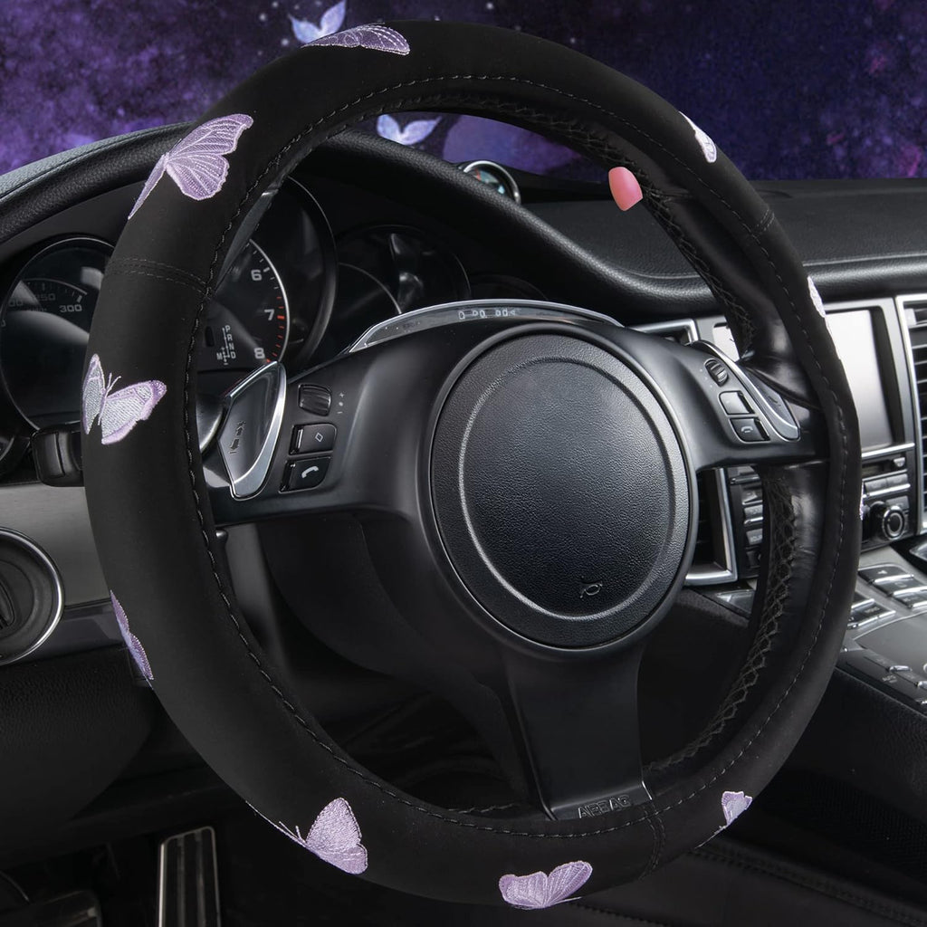 Car Pass Purple Embroidery Butterfly Steering Wheel Cover, Universal 15 Inch Car Wheel Cover for Women Girls, Fit for Suvs,Small Trucks,Sedans,Cars (Black and Purple)