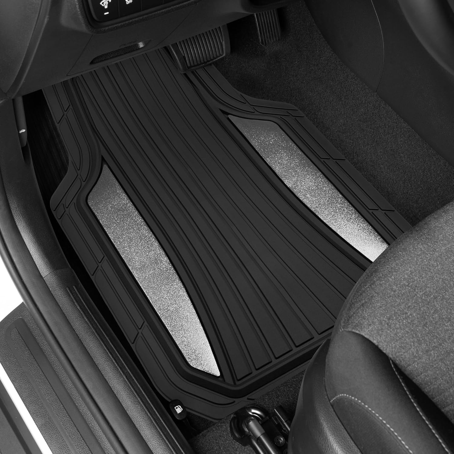 Motor Trend ChromeTech Car Floor Mats Full Set - Durable Rubber Floor Mats for Cars with Two Tone Accent, All Weather Interior Protection for Front and Rear with Non-Slip Backing, Silver Chrome