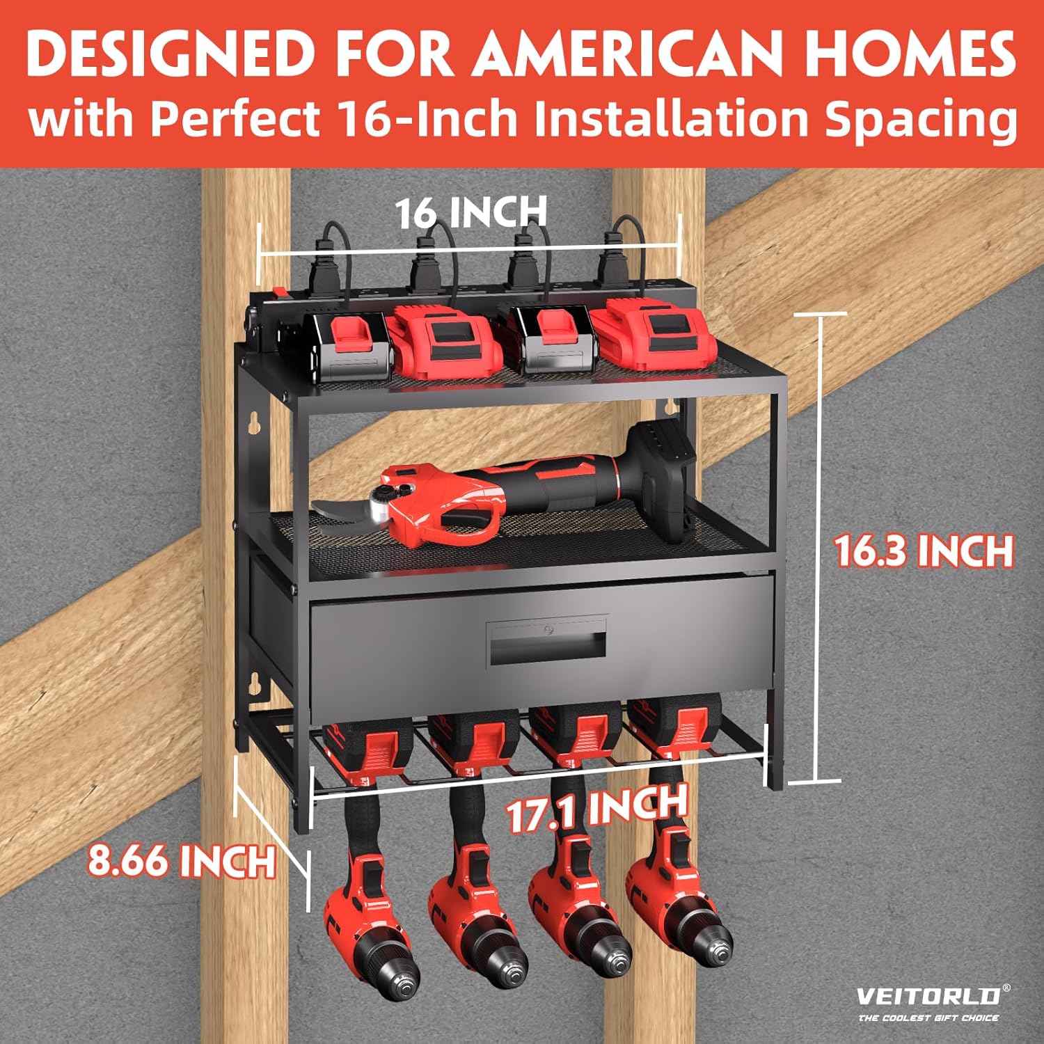 Veitorld Power Tool Organizer with Charging Station, Garage Tool Storage Organizer Built in 8 Outlet Power Strip with Drawers, 6 Drill Holder Wall Mount, Gifts for Men Dad Husband Him Fathers Day