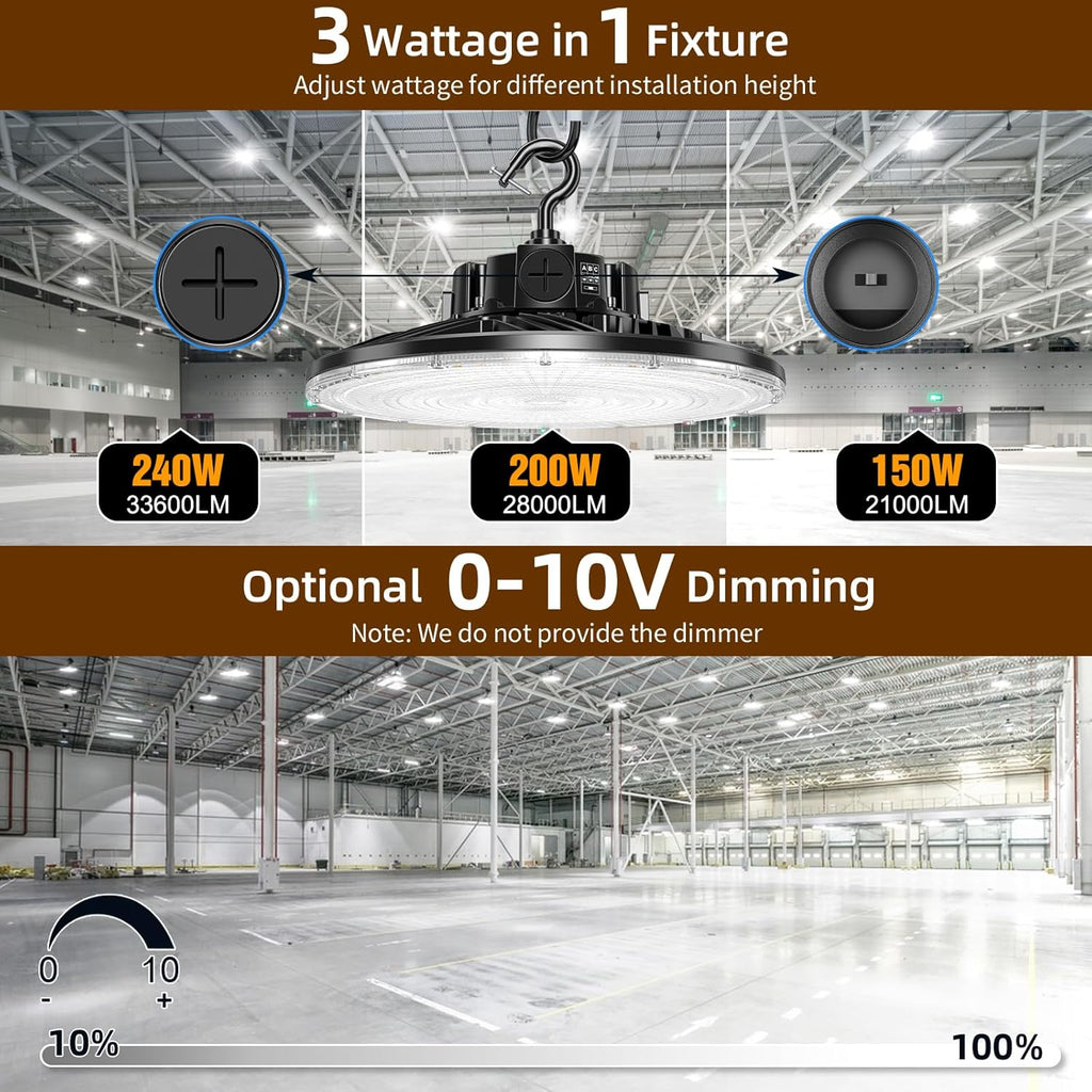9 Pack 480V LED High Bay Light UL DLC Listed UFO Light 240W 200W 150W Adjustable, Dimmable High Bay LED Shop Lights 5000K Daylight, IP65 Commercial Bay Lighting for Warehouse Factory