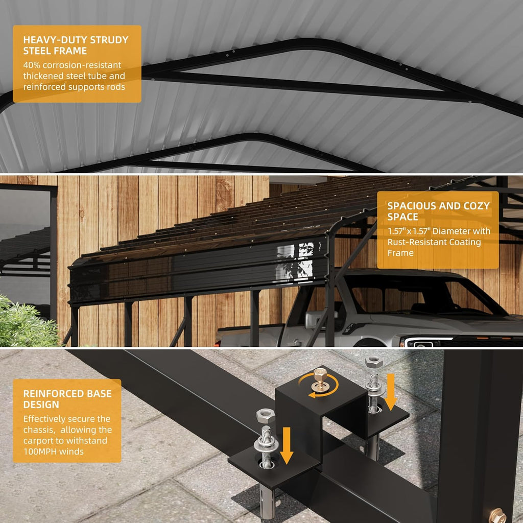 20x20FT Metal Carport Kits with Galvanized Steel Roof, Heavy Duty Metal Roof Carport with Enhanced Base, Tall MetalCarport Kits Garage for Tractors, Pickup, Boat, Car