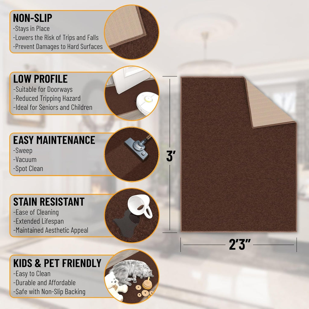 Ottomanson Rugs for Entryway 2'3" x 3' Non Slip Solid Small Area Rugs Durable Front Door Mat Rug Stain Resistant Entrance Rugs for Bathroom Kitchen Bedroom & Living Room, Brown