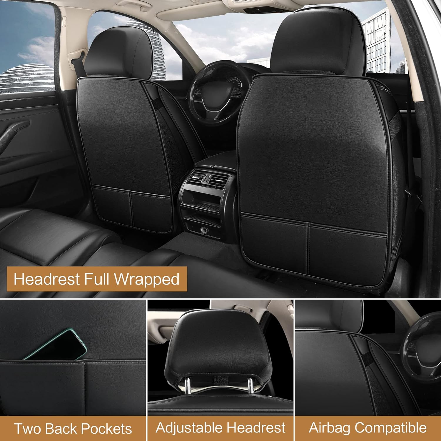 Pariitadin Leather Car Seat Covers Full Set, Waterproof Faux Leather Seat Covers for Cars, Non-Slip Car Interior Covers Universal Fit for Most Cars Sedans Trucks SUVs, Black Line