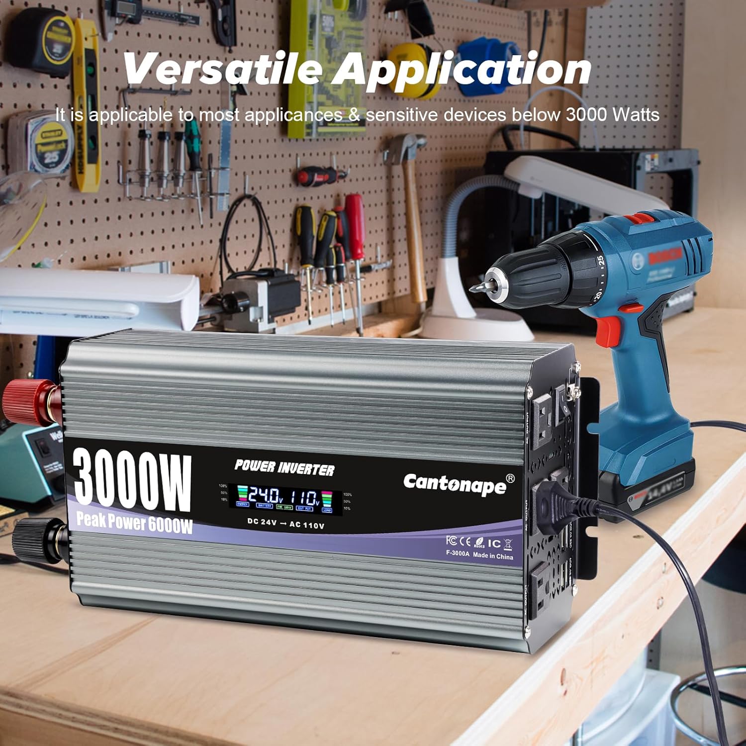 3000W Power Inverter 24V to 110V/120V DC to AC with LCD Display, Remote Controller and 4 x AC Outlets Car Adapter for Car Truck Boat RV Off Grid Solar System