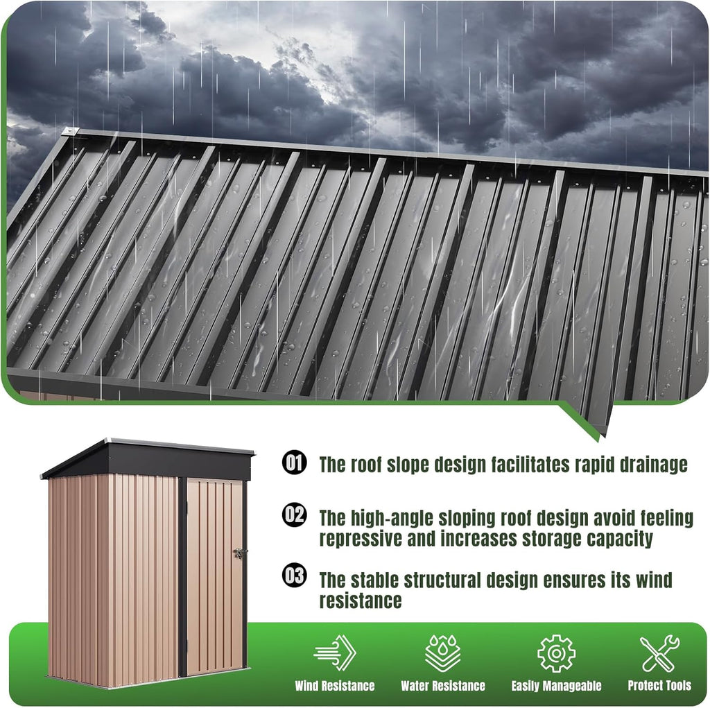 Aoxun 5'x3' Outdoor Storage Shed with Base Metal Garden Shed for Outside(Brown, 5' x 3'W/Base)