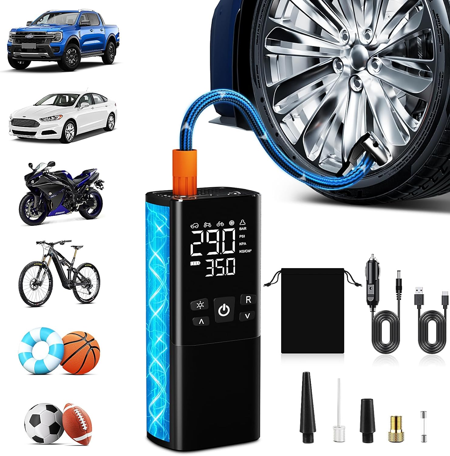 Tire Inflator Portable Air Compressor – Dual Power Mode, Built-in Battery & 12V Car Plug | Fast Inflation, Auto Shut-Off, Dual Pressure Display & LED Light for Cars, Motorcycles, Gifts for Men