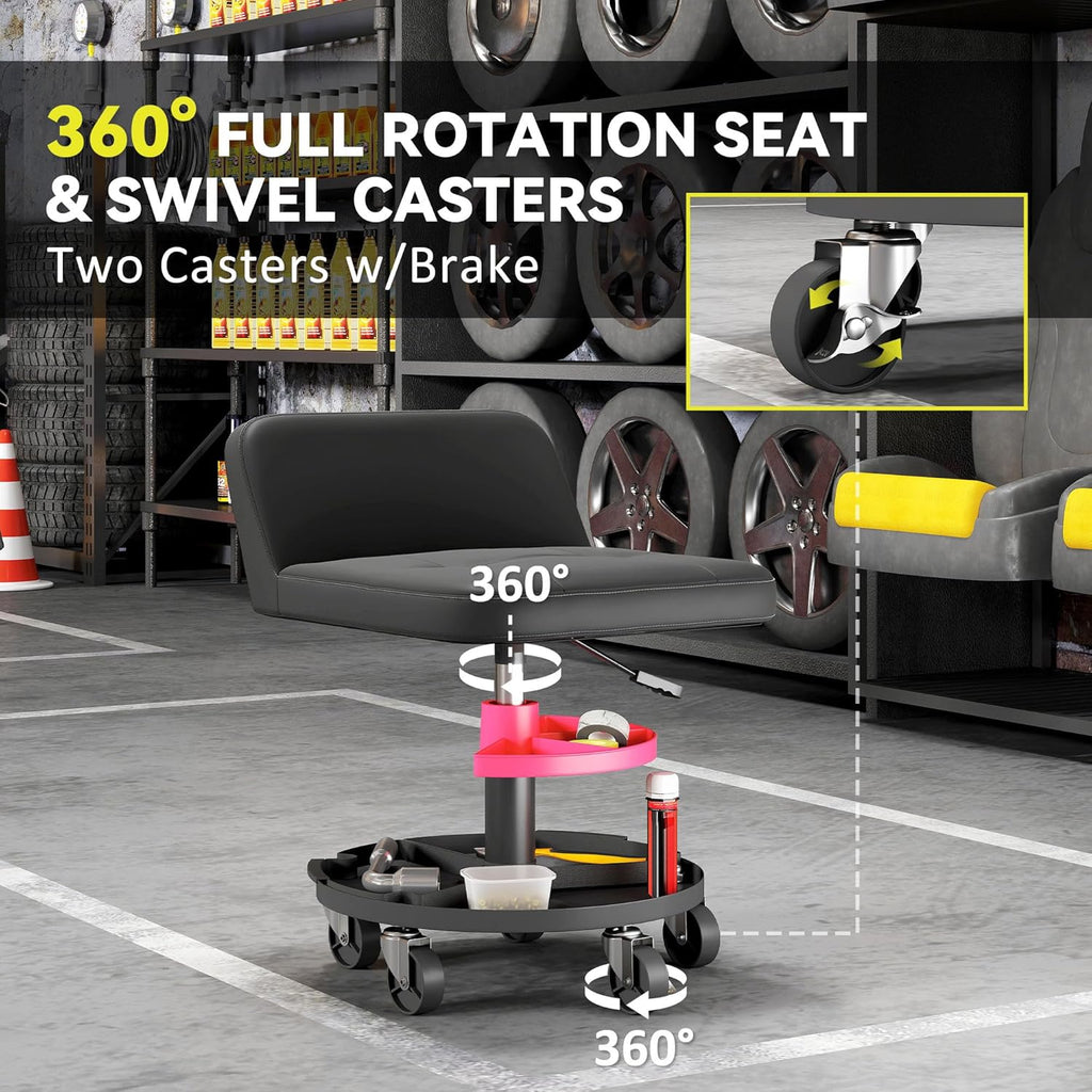 HOMCOM Rolling Mechanic Stool, 300 LBS Capacity Pneumatic Creeper Garage Stool with 360° Wheels, Backrest, Heavy Duty Roller Seat Padded Shop Chair with Tool Tray Storage, Adjustable Height, Black