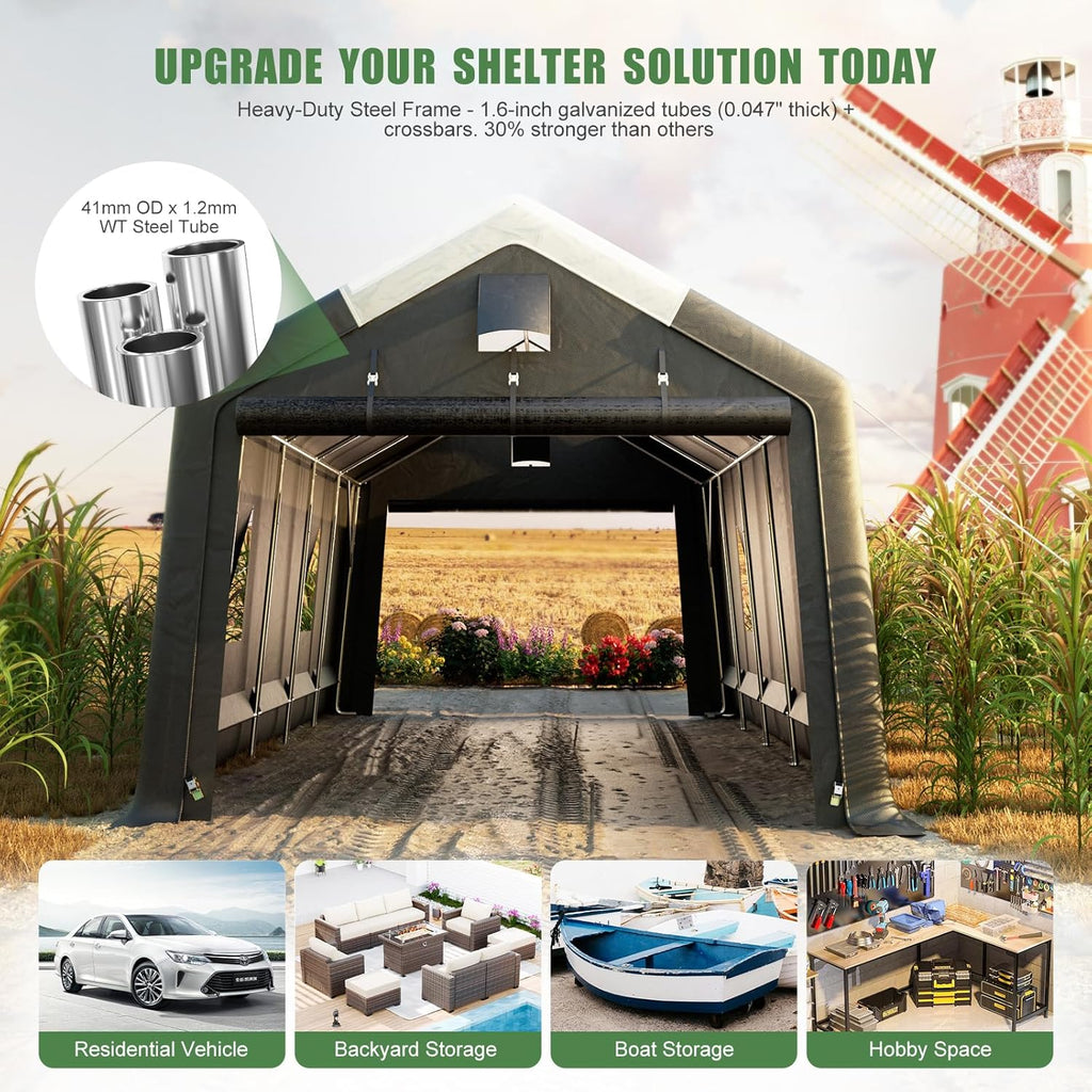 Carport Canopy 12x20FT Heavy Duty with Translucent Roof - Skyview Portable Garage with Reinforced Metal Frame, Zipper Doors, All-Weather Resistant,Waterproof Outdoor Storage Shelter for Cars/RV/ATV