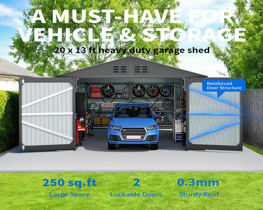 20x13 Metal Shed, Metal Garage Building with 2 Lockable Doors, Prefab Garage Shed with 4 Air Vents, Large Sheds & Outdoor Storage Clearance, Car Sheds for Truck, Tool, Lawnmower, Black