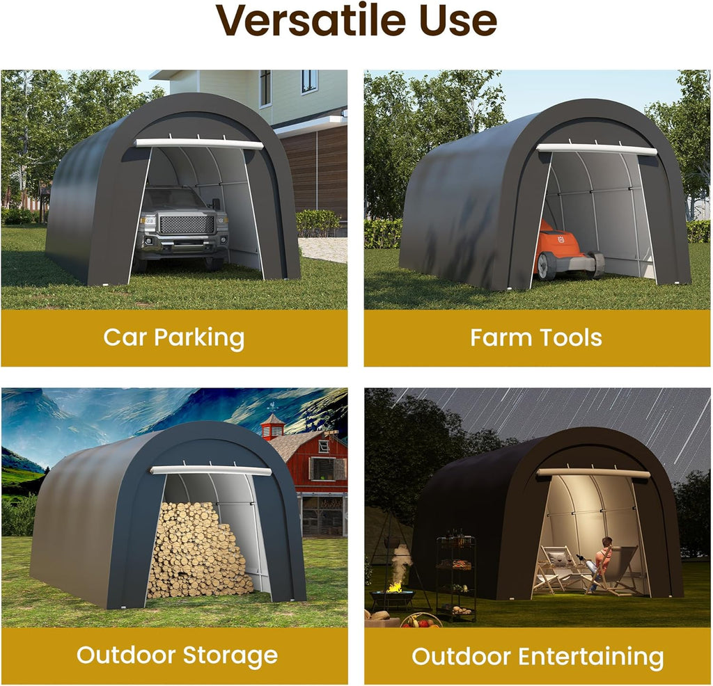 Kiss the Water Carport, Round Portable Garage, Steel Heavy Duty Carport with Ground Stakes, Tensioner and 2 Roll Up Windows PE Fabric Car Port, Garage, Storage Shed, Tent for Storage, SUV (10x20 Ft)
