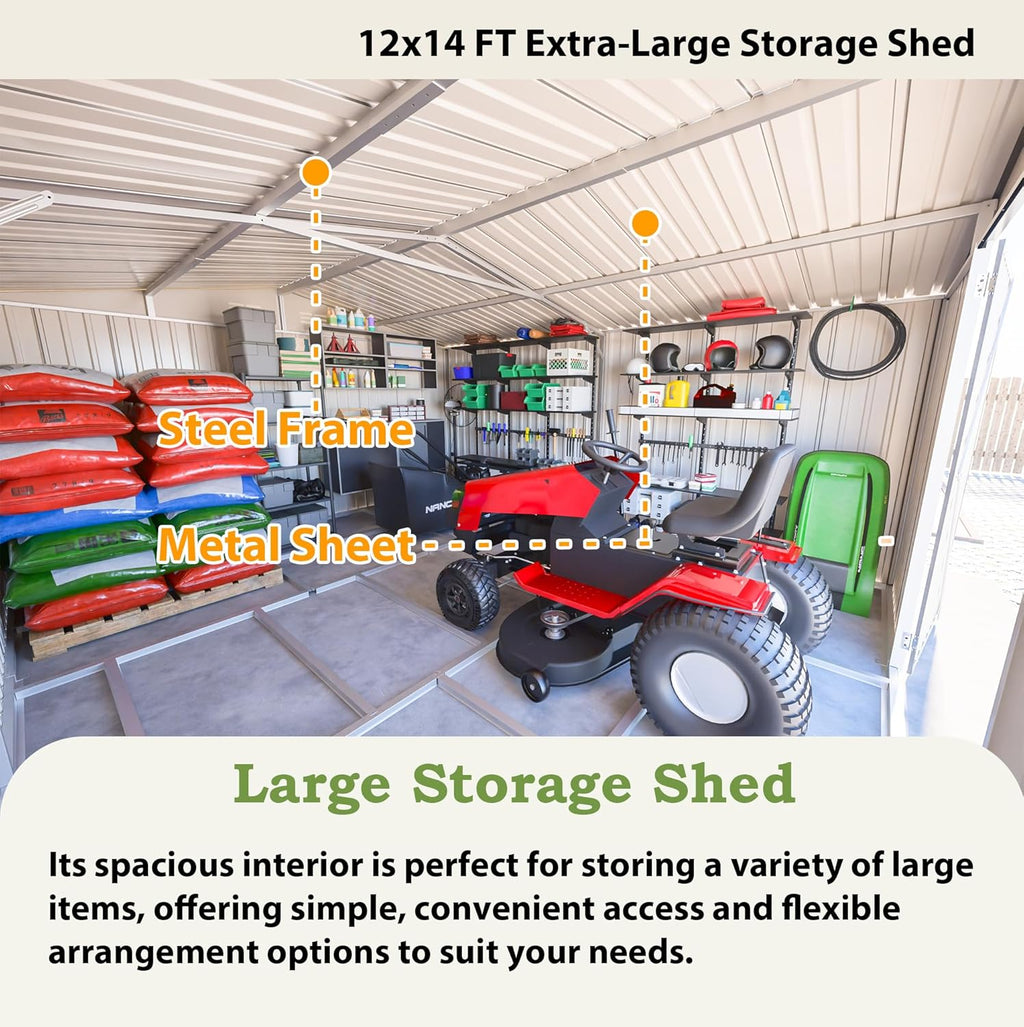 Outdoor Storage Shed, 12 X 14ft Metal Galvanized Steel Garden Shed with Floor Frame, Utility Tool Shed Storage House with Window for Backyard, Patio, Lawn