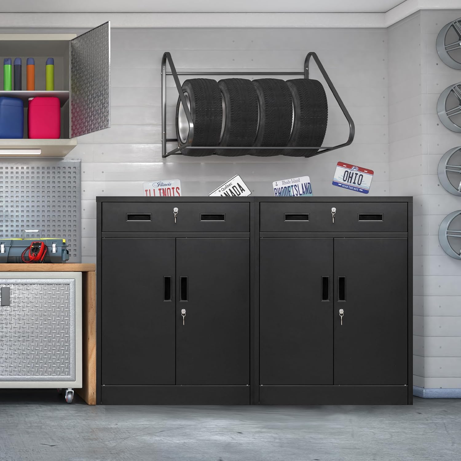 Metal Storage Cabinet, Locking Cabinet with One Drawer and Adjustable Shelf, 36.2" H x 28" W x 16" D Steel Storage Cabinet for Office, Garage, Home-Black