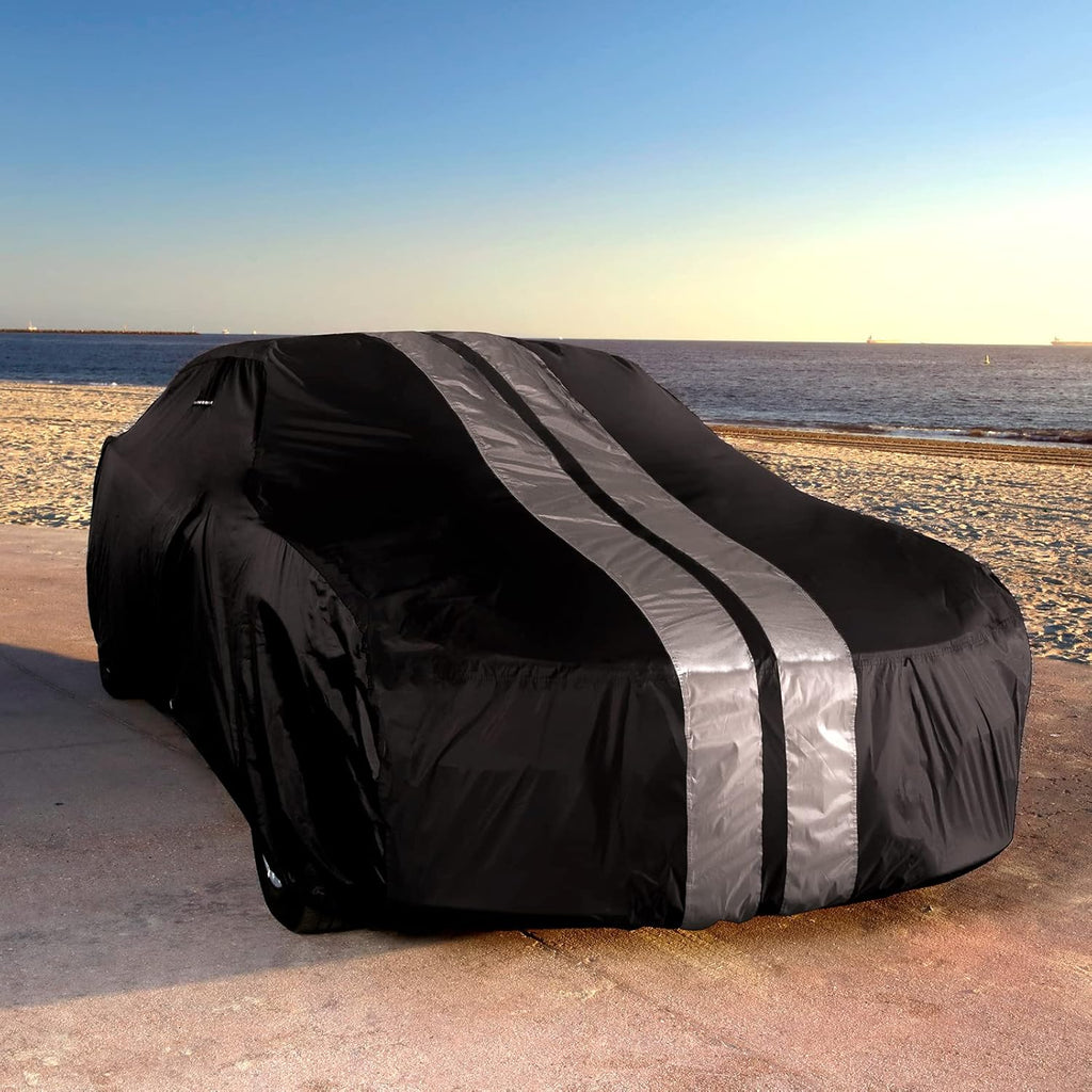 iCarCover Custom Car Cover for 1979-2004 Ford Mustang LX, GT Waterproof All Weather Rain Snow UV Sun Protector Full Exterior Indoor Outdoor Car Cover (Stripe - Black/Gray)