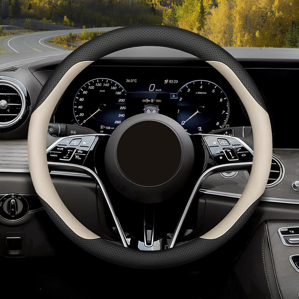 Steering Wheel Cover Standard Size Medium 14.5-15 inch, Breathable Microfiber Leather, Anti-Slip, Soft Grip, Universal Fit for Cars SUVs Trucks, Black and Creamy White