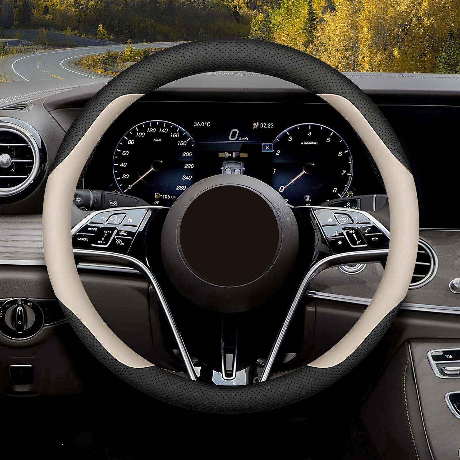 Steering Wheel Cover Standard Size Medium 14.5-15 inch, Breathable Microfiber Leather, Anti-Slip, Soft Grip, Universal Fit for Cars SUVs Trucks, Black and Creamy White