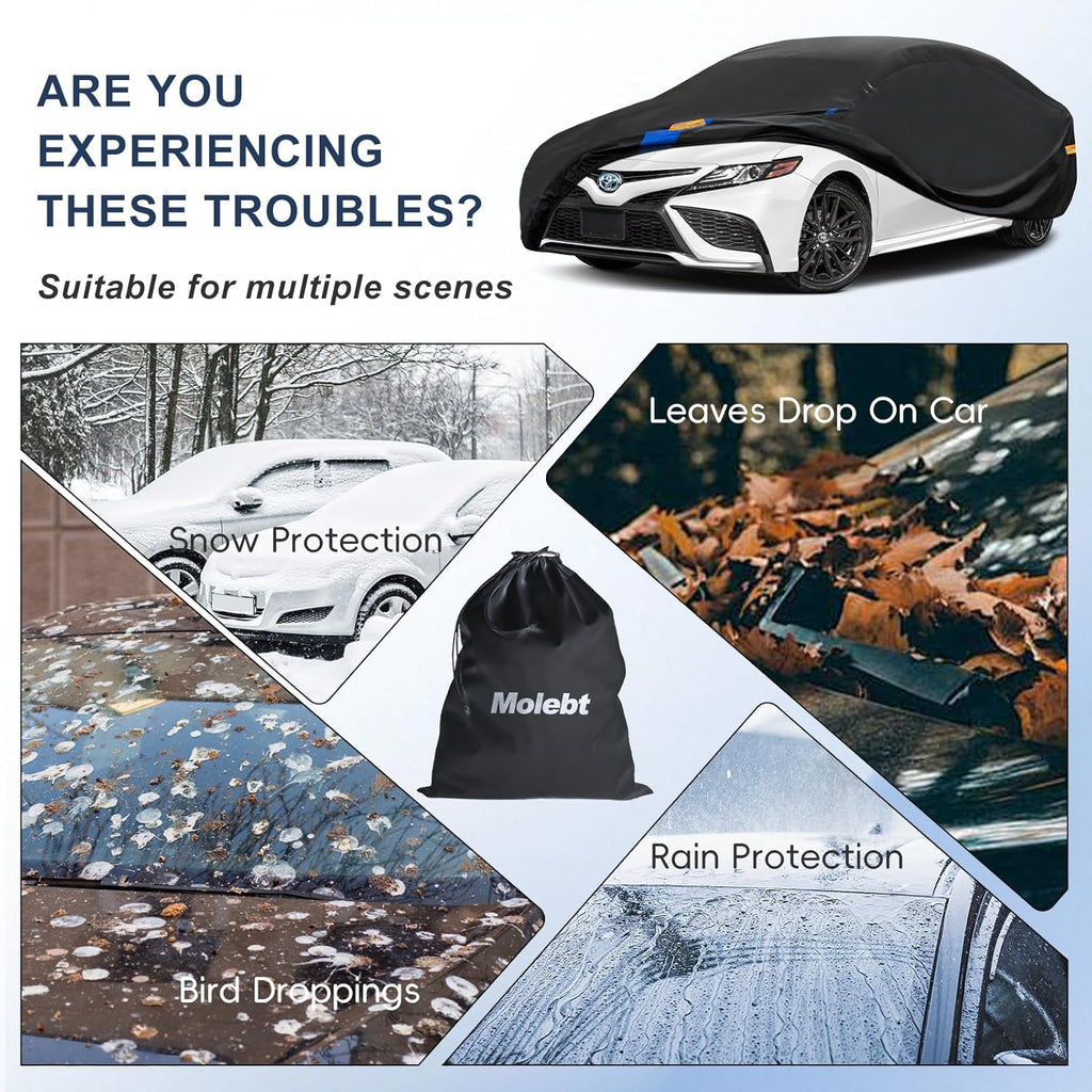 Car Cover Waterproof All Weather for Automobiles, Full Exterior Covers for Sedan & Coupe (201-208 inch) Universal Fit for Chrysler 300, Benz S-Class, etc. Rain Winter Sun Snow Protection.