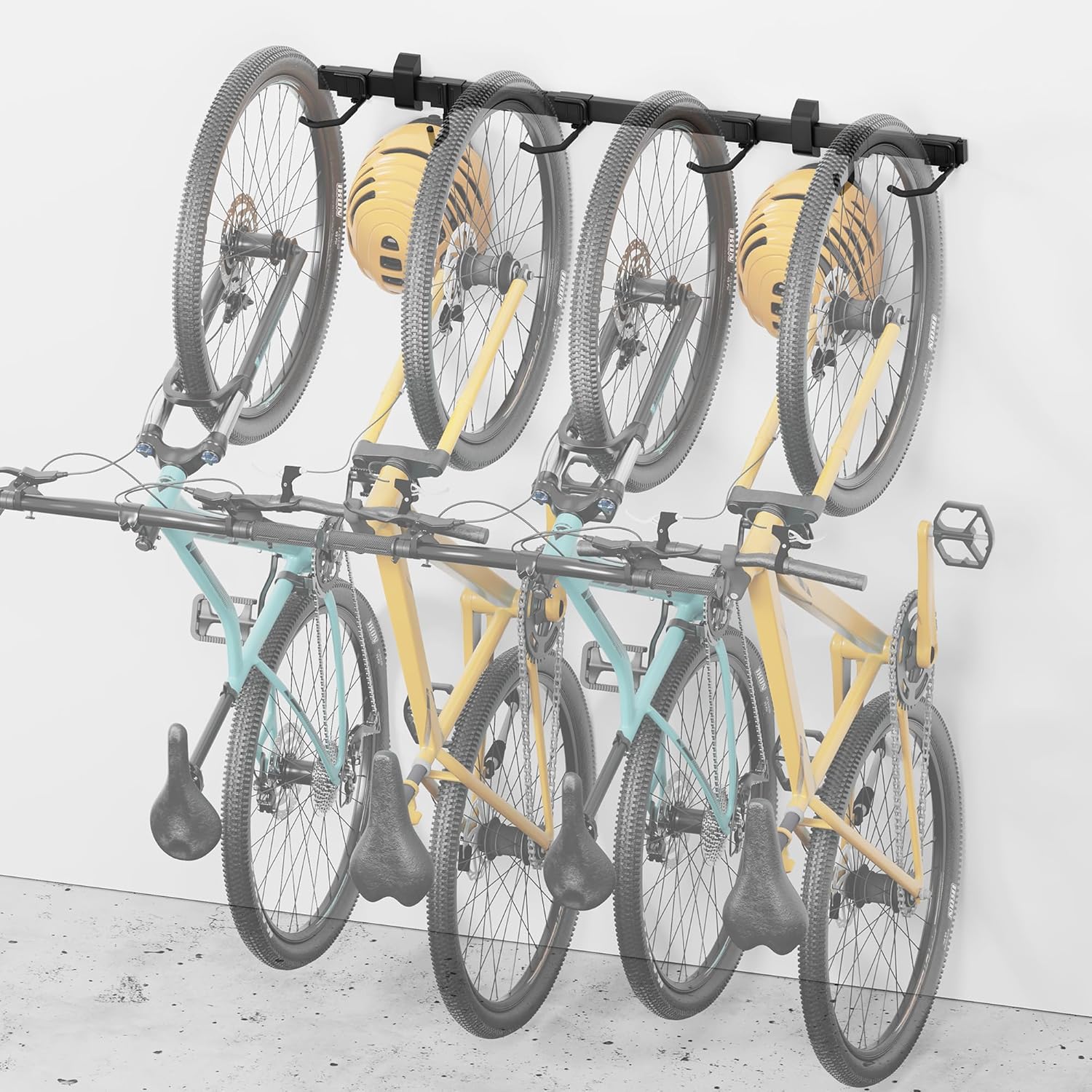 monTEK Enhanced Bike Storage Rack, Adjustable 4-Bike and 2-Helmet Hangers for Indoor Bike Storage, Customizable for Various Bike Sizes, Heavy-Duty Steel Bike Wall Mount, Max Load 265lbs, 48-in