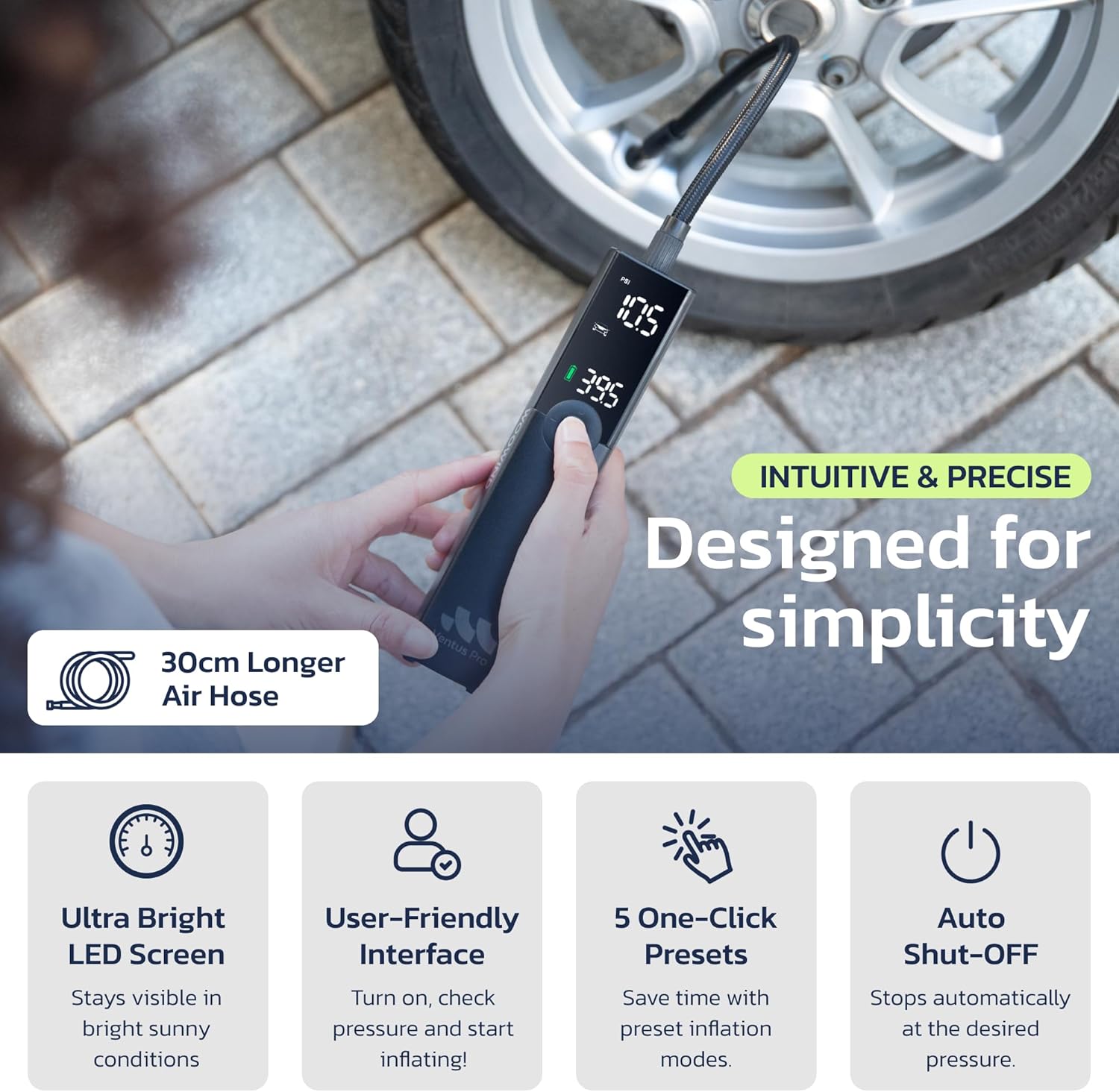 Tire Inflator Portable Air Compressor for Car, Bike, Motorcycle, SUV, Offroad & Truck - Fast Car Pump, 150 PSI, Cordless 12V DC, LED Display Emergency Light Woowind (Ventus pro + Tire sealant)
