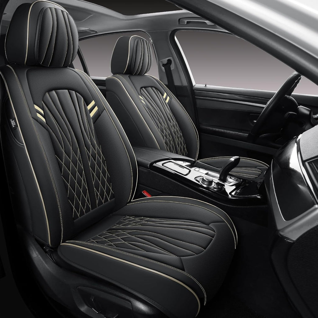 Leather Car Seat Covers 5 Pieces, Full Set Universal Seat Covers for Cars, Waterproof Nappa Leather Auto Seat Protectors, Black Car Seat Cover Most Sedans SUV Pick-up Truck Black&BeigeLine