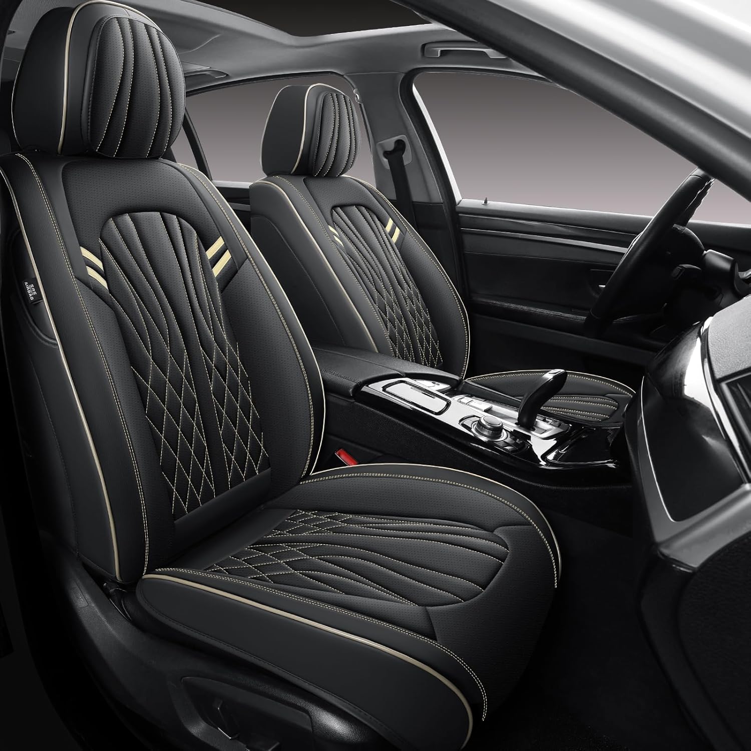 Leather Car Seat Covers 5 Pieces, Full Set Universal Seat Covers for Cars, Waterproof Nappa Leather Auto Seat Protectors, Black Car Seat Cover Most Sedans SUV Pick-up Truck Black&BeigeLine
