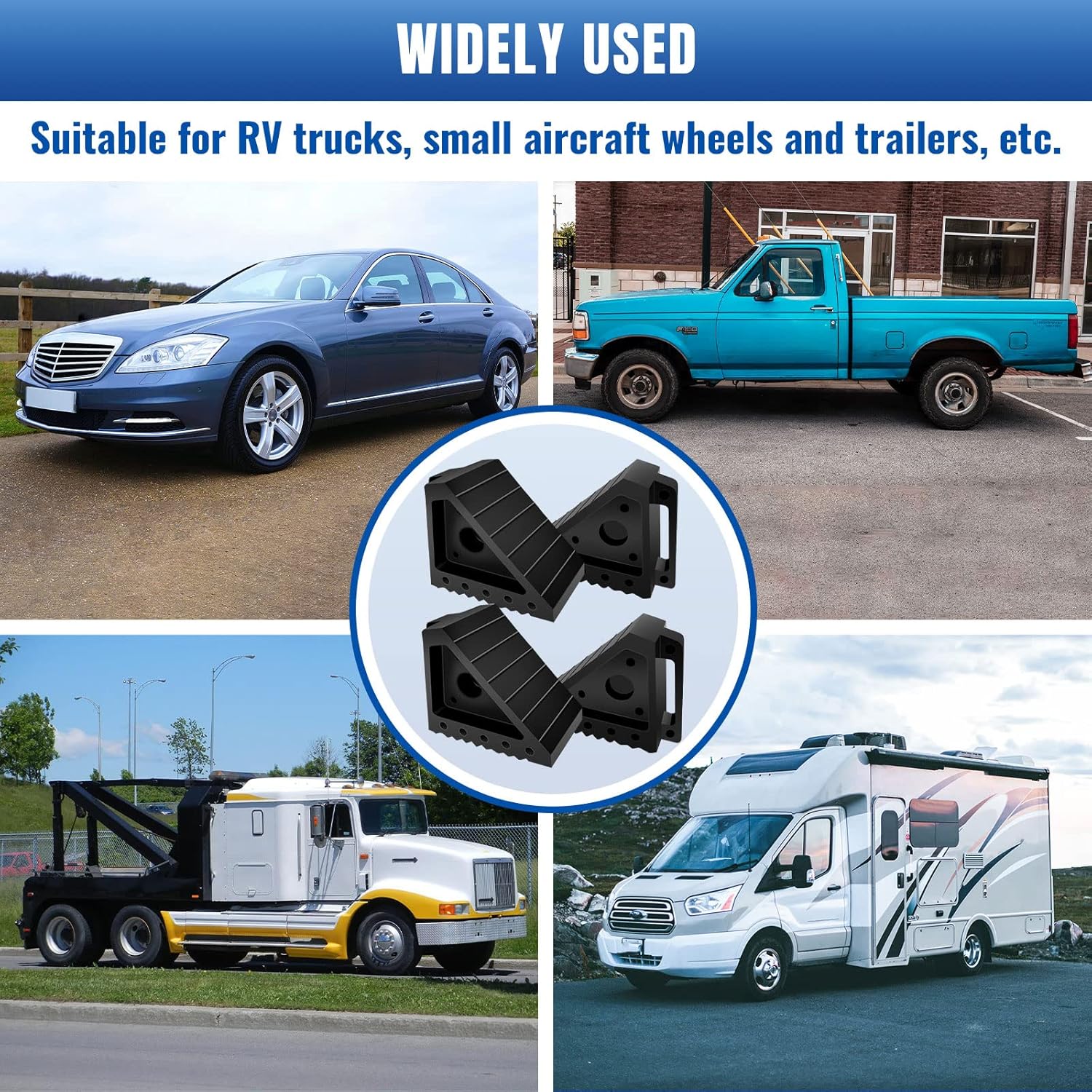 ROBLOCK 4 PCS Heavy Duty Rubber Wheel Chocks, Solid Durable Tire Chock for Car, Travel Trailers, RV, Truck, and ATV, 7.9" x 4" x 5.9", 4 Packs, Black