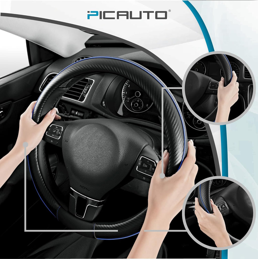 PIC AUTO Steering Wheel Cover, Blue Piping Leather, Sports Carbon Fiber and Super Breathable Leather, Universal 14.5-15.5 Inch Anti-Slip Steering Wheels Accessories for Men & Women