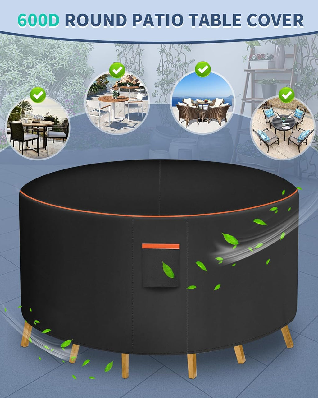 Round Patio Furniture Cover, 110 Inch Diameter Waterproof 600D Heavy Duty Table and Chair Set Protection Black