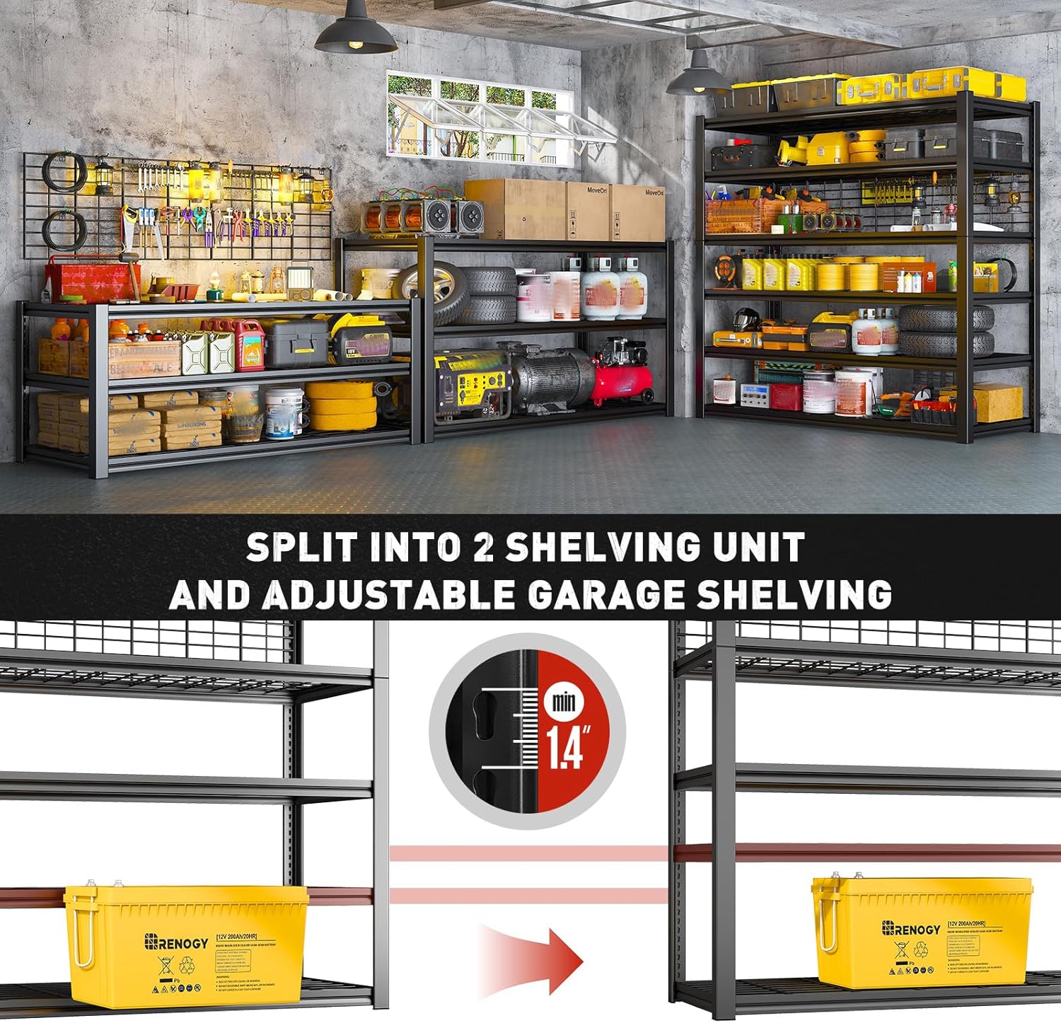 REIBII 84" H Garage Shelving, 6-Tier Storage Shelves Heavy Duty Loads 3500LBS, 48" W Adjustable Garage Shelves, Metal Shelving for Basement, Warehouse, 84" H x 48" W x 20" D