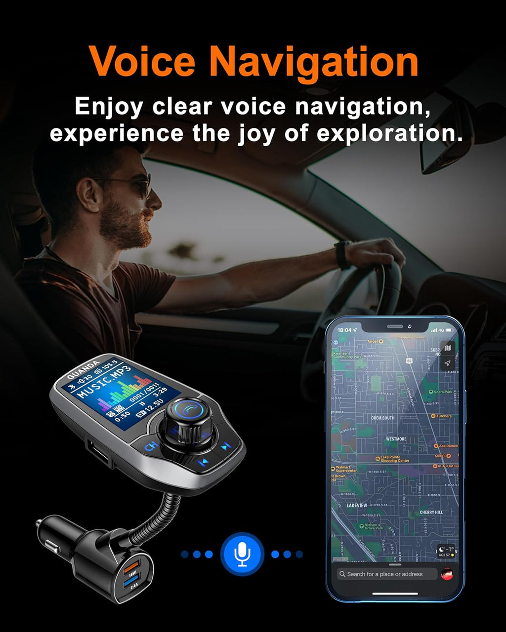 Upgraded Bluetooth FM Transmitter for Car, Wireless Radio Adapter Kit W 1.8" Color Display Hands-Free Call AUX in/Out SD/TF Card USB Fast Charging 18W for All Smartphones Audio Players - Pewter