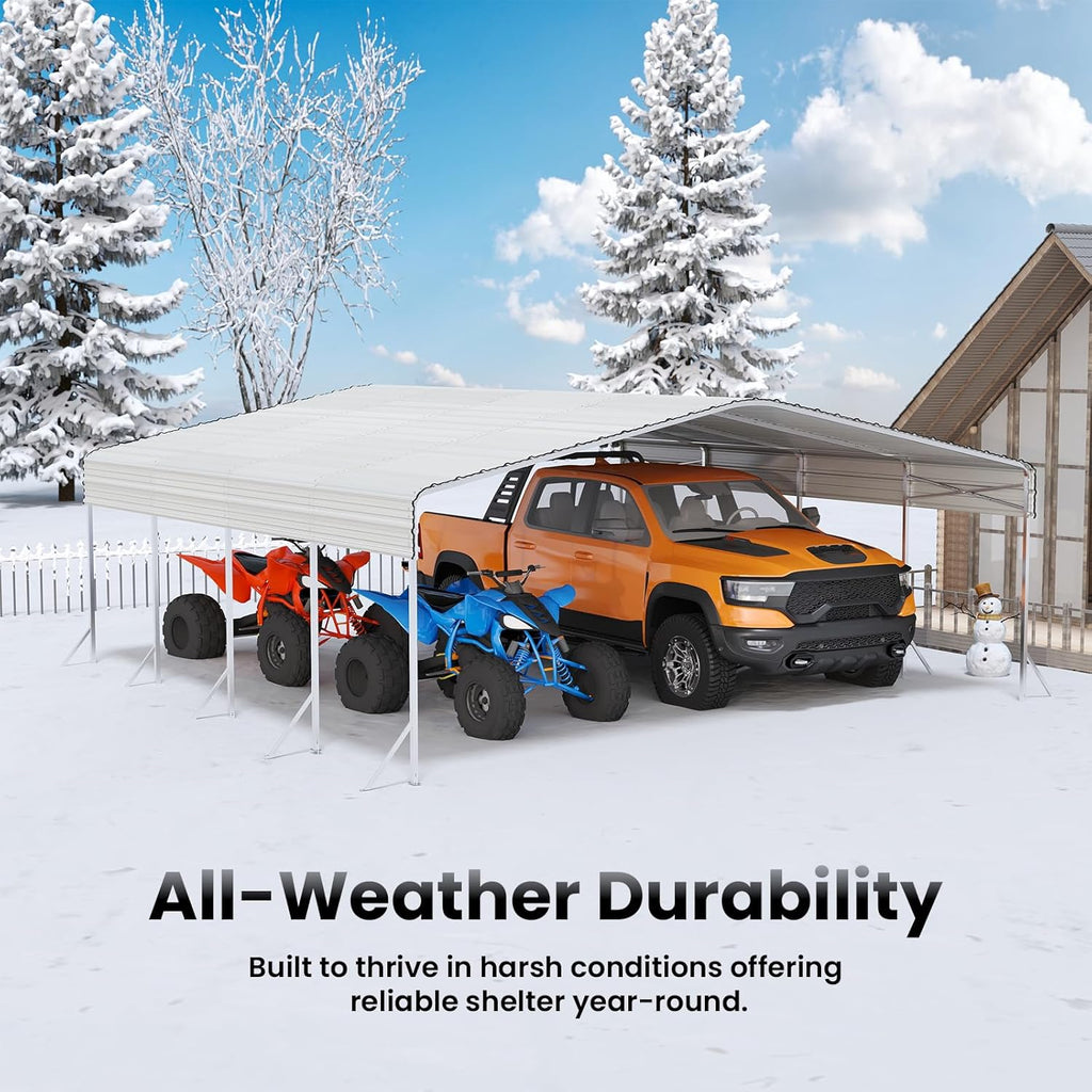 20x20ft Heavy Duty Metal Carport – Outdoor Galvanized Garage, Sturdy Structure, All-Weather Protection, Easy Assembly for Cars, Trucks, Boats, Tractors, and Outdoor Storage (White, 20x20FT)