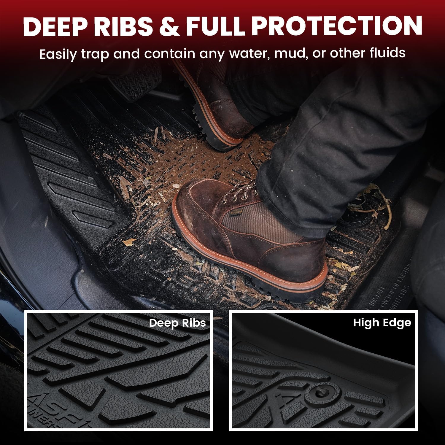 LASFIT Floor Mats for Ford Ranger 2025 2024 SuperCrew Cab All Weather Truck Protector TPE Carpeted Floor Liners, Front and Rear Row, 3pc Black