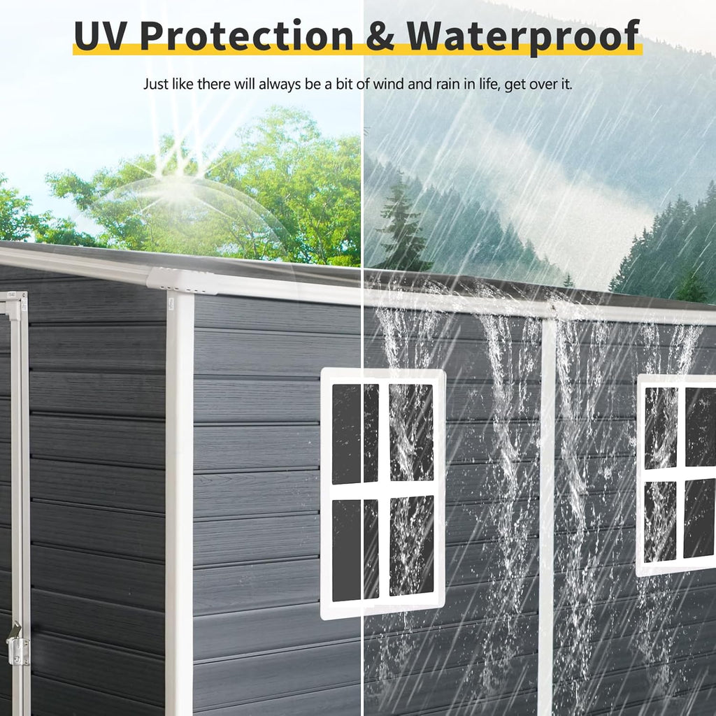 4x8 FT Outdoor Storage Resin Shed with Floor,Waterproof Plastic Garden Bike Shed with Lockable Door, Sloped Roof, Vents & Windows, Easy Assembly Tool Shed for Lawn, Backyard, Patio, Black