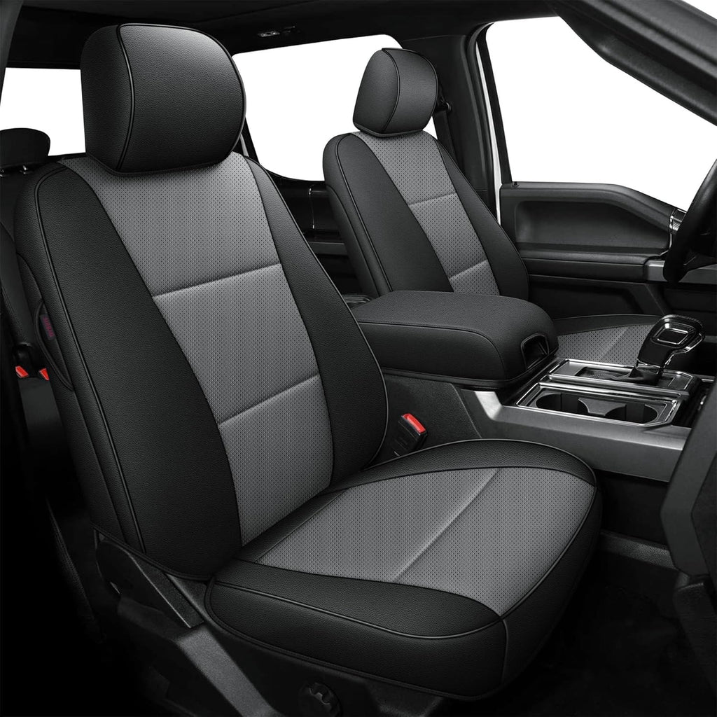 AOMSAZTO Front Seat Covers for Ford F150 XL XLT: 2015-2024 SuperCrew & F250 F350 F450 2017-2024 Super Duty Crew Cab XL XLT Faux Leather Full Set Seat Cover (Black + Grey, 2PCS Front)