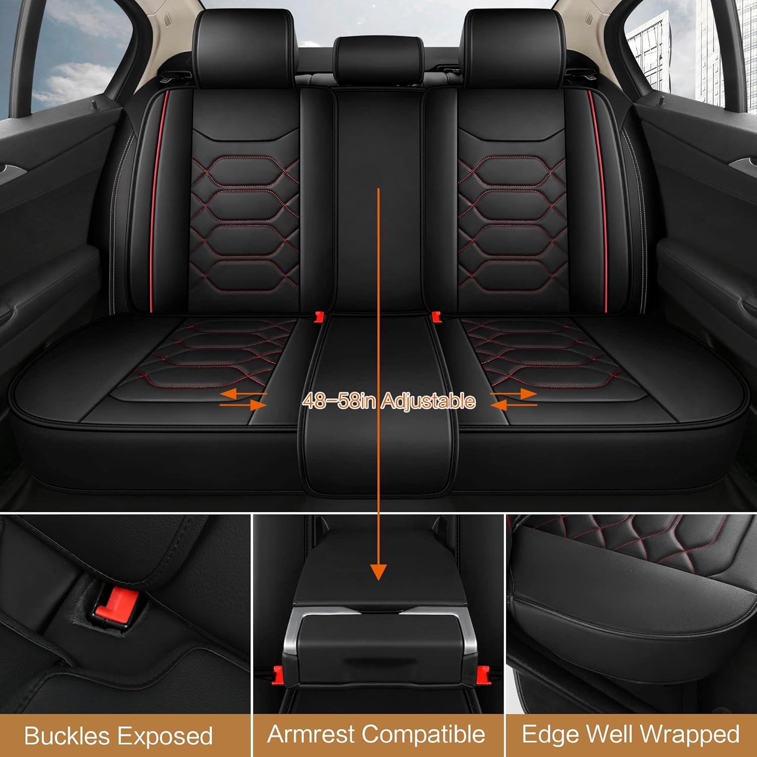 Pariitadin Leather Car Seat Covers Full Set, Waterproof Faux Leather Seat Covers for Cars, Non-Slip Car Interior Covers Universal Fit for Most Cars Sedans Trucks SUVs, Black/Red