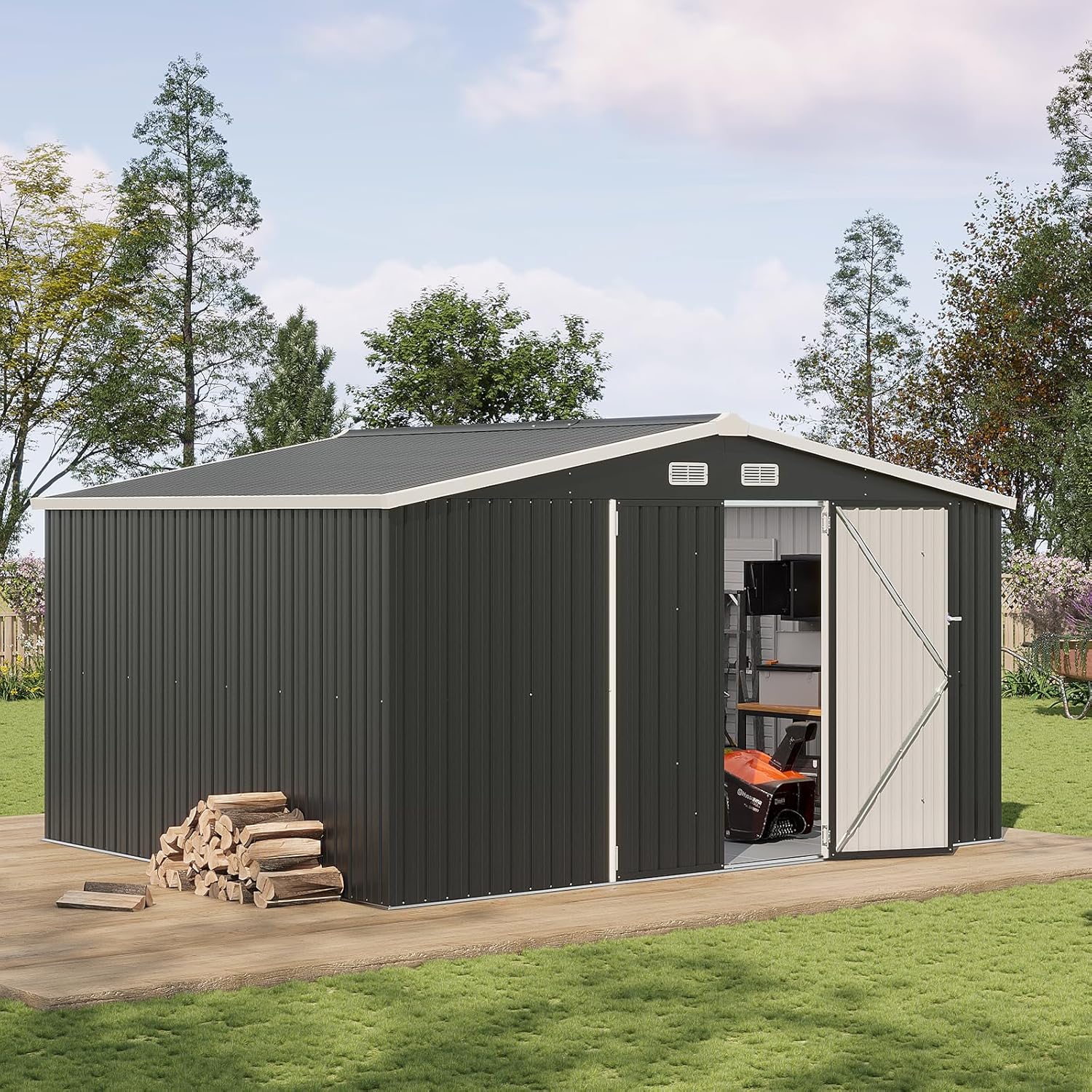 Aoxun 12x10 FT Shed Metal Outdoor Waterproof Storage Shed Steel Utility Garden Tool Shed with Door & Lock Outdoor Storage for Garden Patio Lawn Poolside, Black