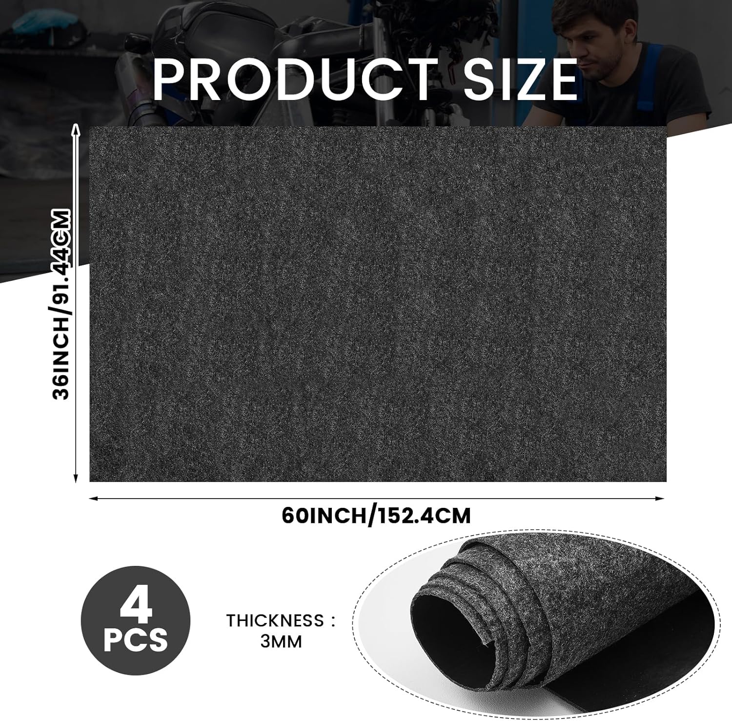 4 Pcs 36 x 60 Inch Oil Spill Mat for Driveway Garage Under Car Leaks Absorbent Oil Pad, Black Rubber Mat Garage Floor Protecting with Waterproof Backing, Reusable, Washable, Non Slip