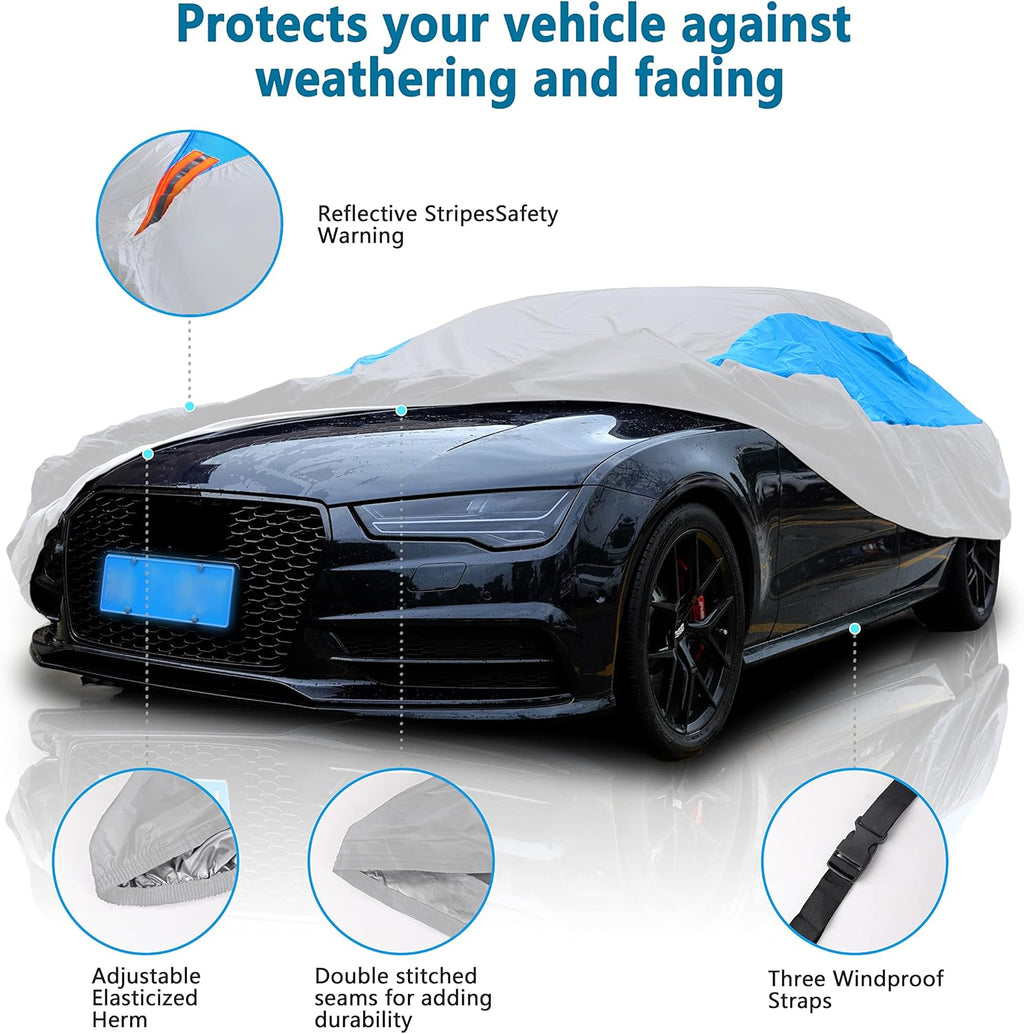 MORNYRAY Waterproof Car Cover All Weather Snowproof UV Protection Windproof Outdoor Full car Cover, Universal Fit for Sedan (Silvery, A6-Fit Sedan Length(207-216 inch)