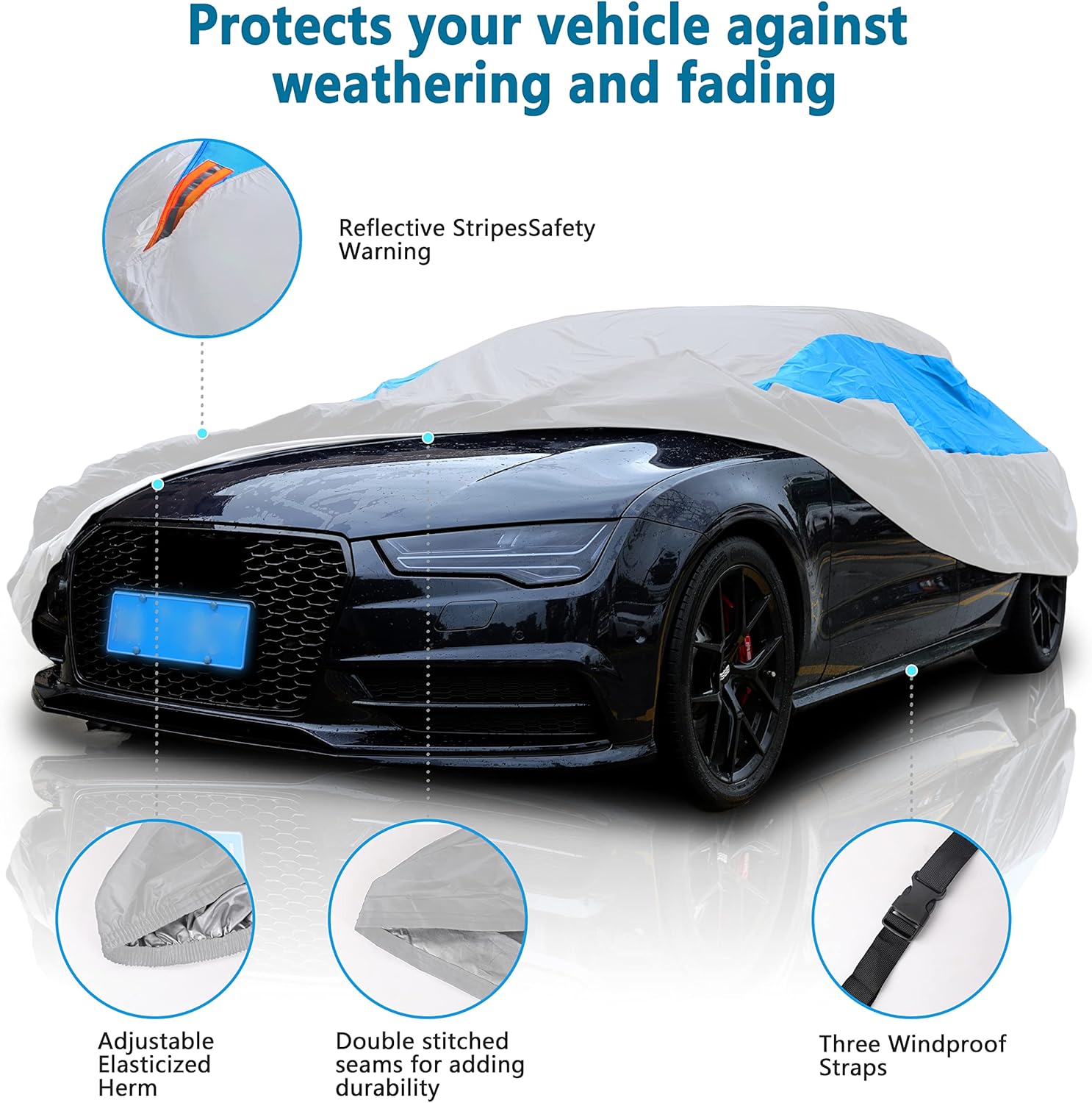 MORNYRAY Waterproof Car Cover All Weather Snowproof UV Protection Windproof Outdoor Full car Cover, Universal Fit for Sedan (Silvery, A6-Fit Sedan Length(207-216 inch)