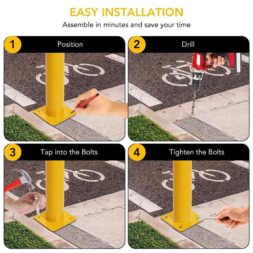 4 Pcs Safety Bollard,42 Inch High Heavy-Duty Yellow Safety Bollard Steel Posts,4.5 Inch Diameter,Safety Bollard with 16 Anchor Bolts - Ideal for Traffic Control, Driveway Barriers,Parking Poles