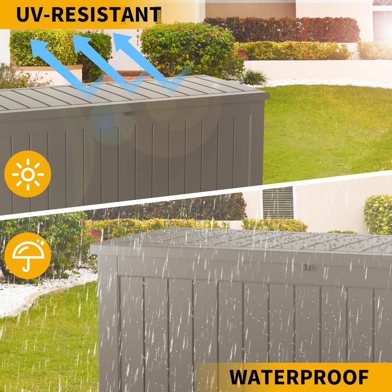 180 Gallon Resin Deck Box, Waterproof Outdoor Storage Bin for Patio Furniture, Pool Accessories, and Garden Tools, Lockable & UV-Resistant, Grey