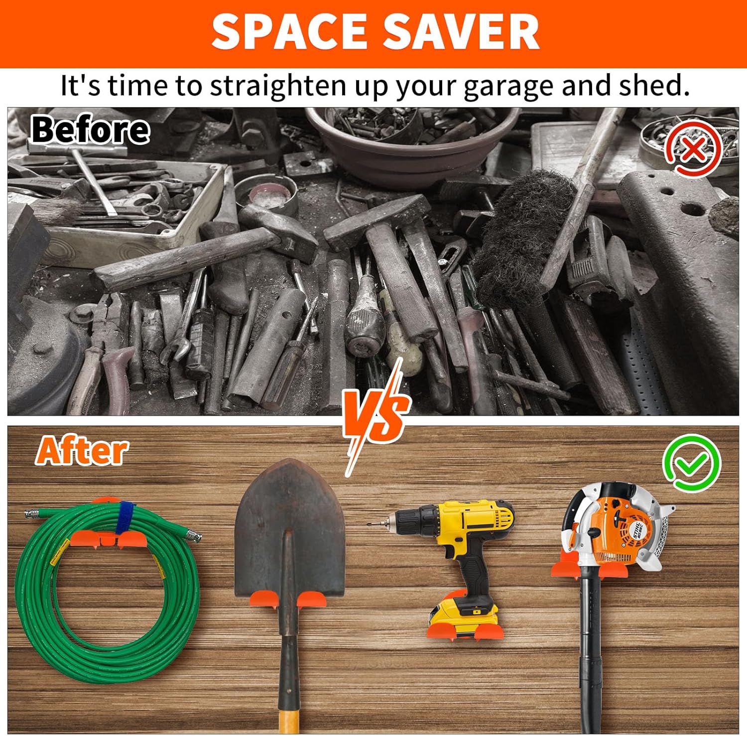 Upgraded Trimmer Rack Wall Mount - 8" Heavy Duty Weed Eater Hanger for Garage Wall Bracket, Garden Power Tool Holder Organizer Hooks for Grass Trimmer, Hedge Trimmer, Leaf Blower and Chainsaw, 4 Pack