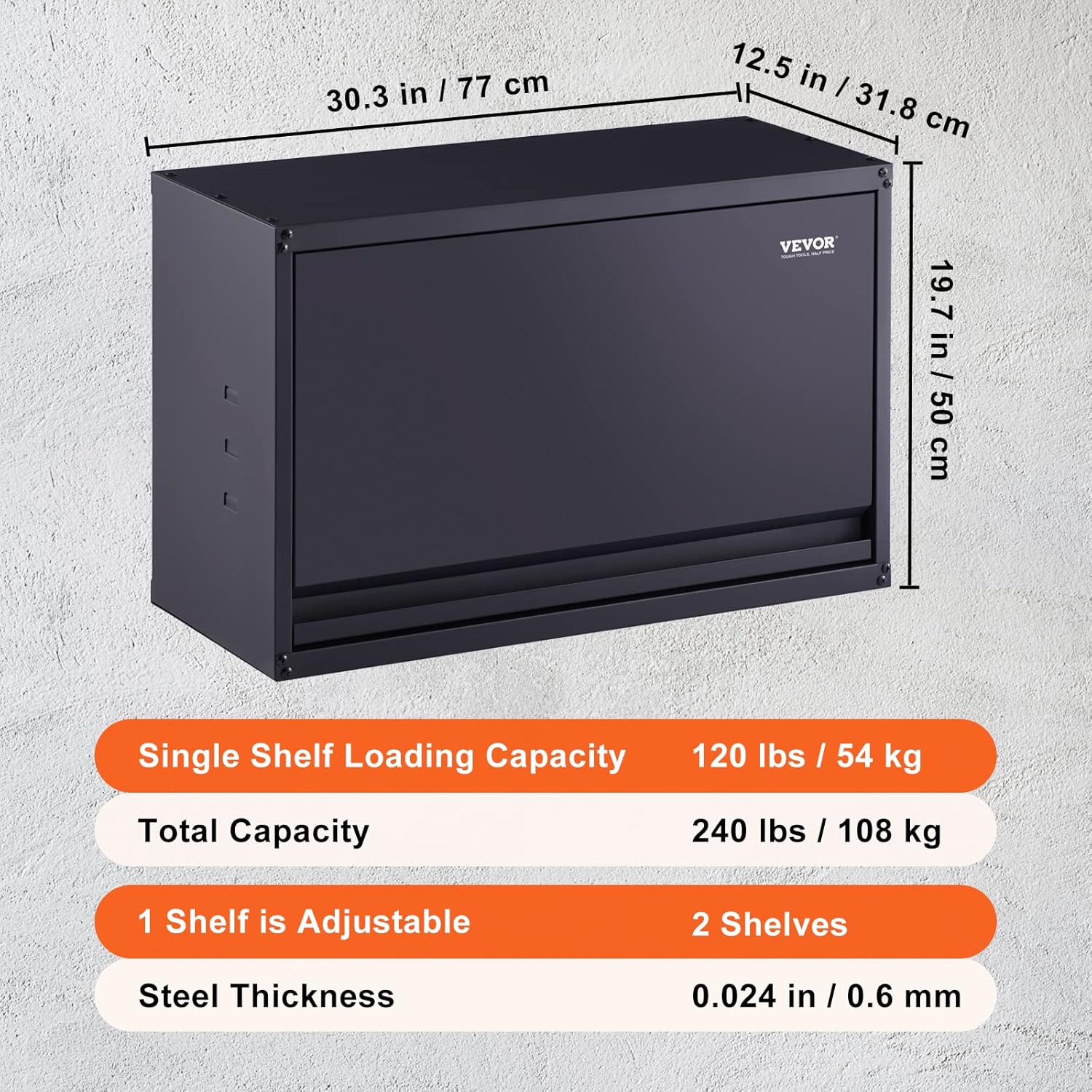 VEVOR Metal Storage Cabinet, 120lbs Load Capacity per Shelf, 20'' Tall Wall-Mounted Powder-Coating Steel Garage Cabinet with Adjustable Shelf, Press to Close & Open Door Perfect for Office Garage Tool