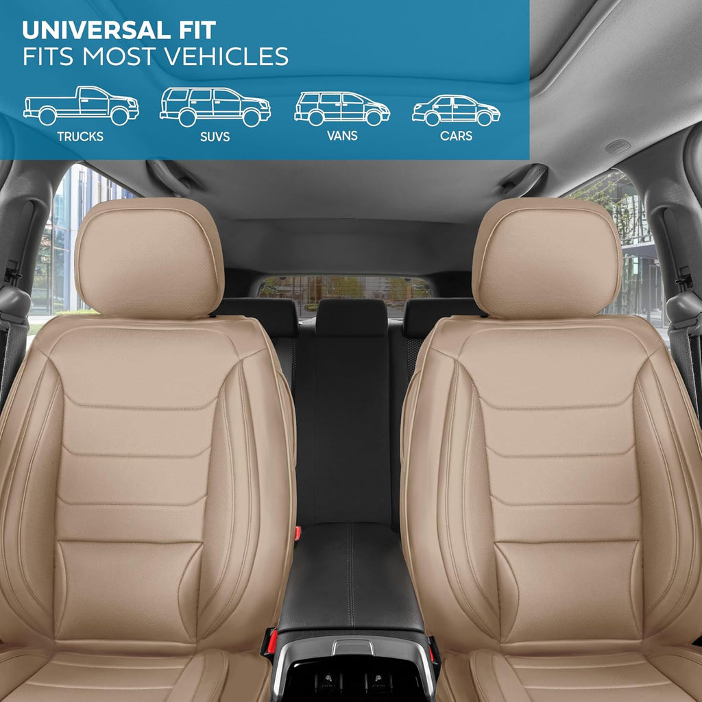 Elite Edition Faux Leather Seat Covers for Cars, Trucks, & SUV - 2 Beige Car Seat Covers for Front Seats - Universal Fit Car Accessories Automotive Interior Cover Protector for Most Vehicles