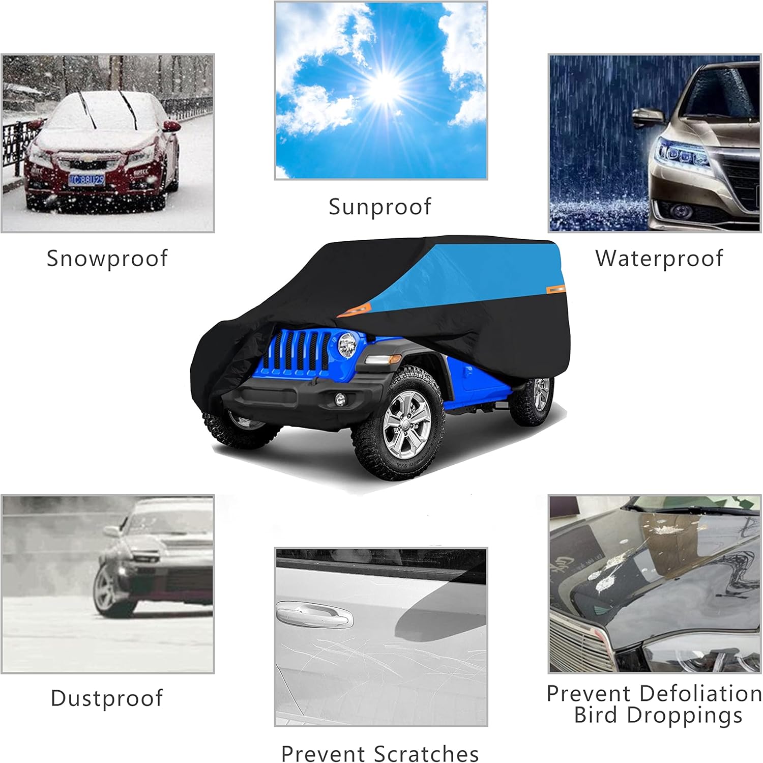 MORNYRAY Compatible with Jeep Wrangler 4 Door, Waterproof Car Cover All Weather Snowproof UV Protection Windproof Outdoor Full car Cover, Universal Fit for (Wrangler 4Door, Blue)