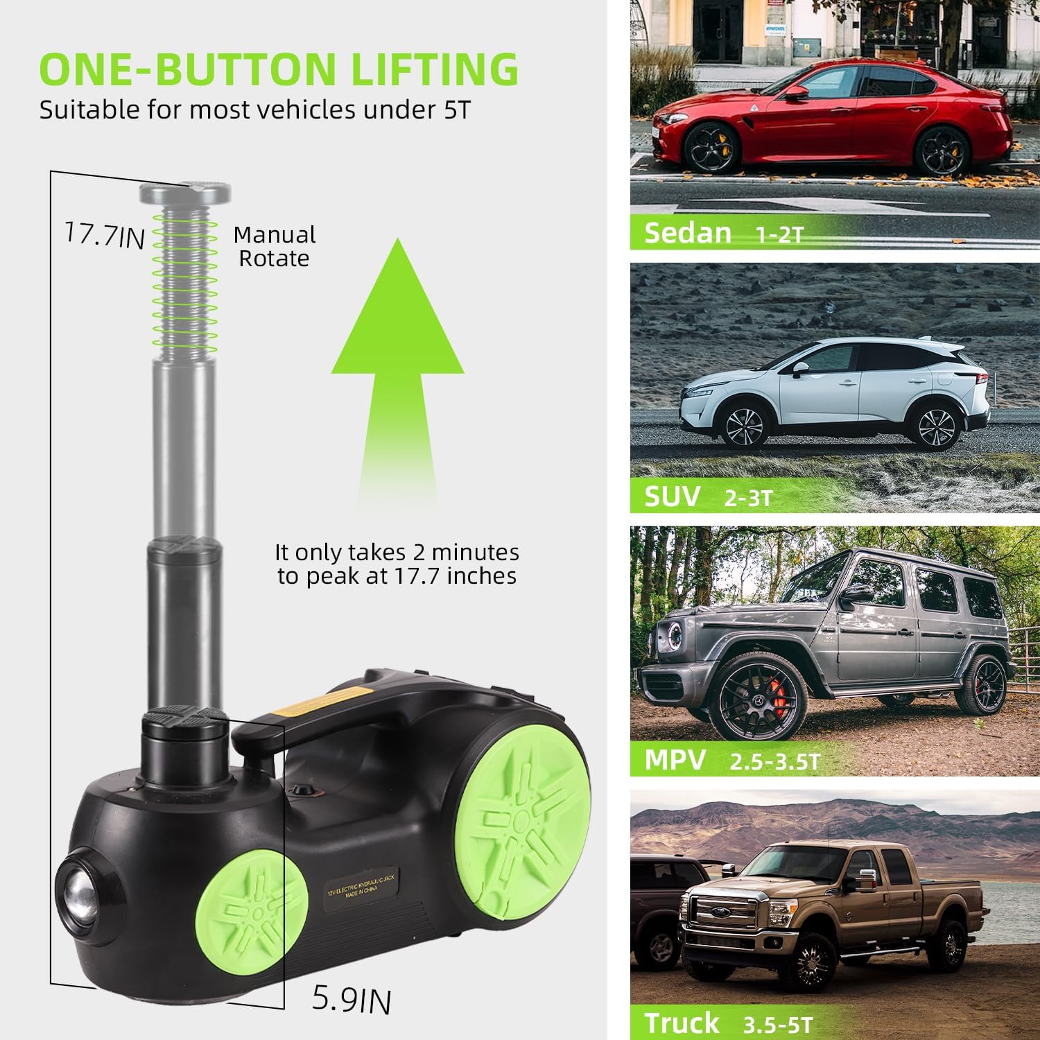 EFFIROSO Electric Car Jack Kit 5 Ton 12V Hydraulic Floor Jack with Impact Wrench Tire Inflator Pump for Vehicle Emergency Repair Kit 11023lbs (Black and Green)