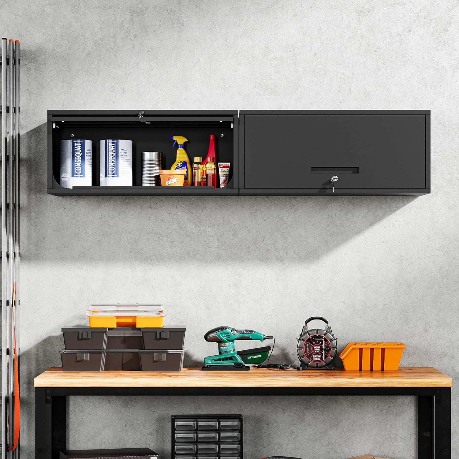Yizosh Metal Garage Cabinet with Doors, Wall Mounted Storage Cabinet, Floating Tool Cabinet for Basement, Kitchen, Warehouse (Black, 13.7" H)