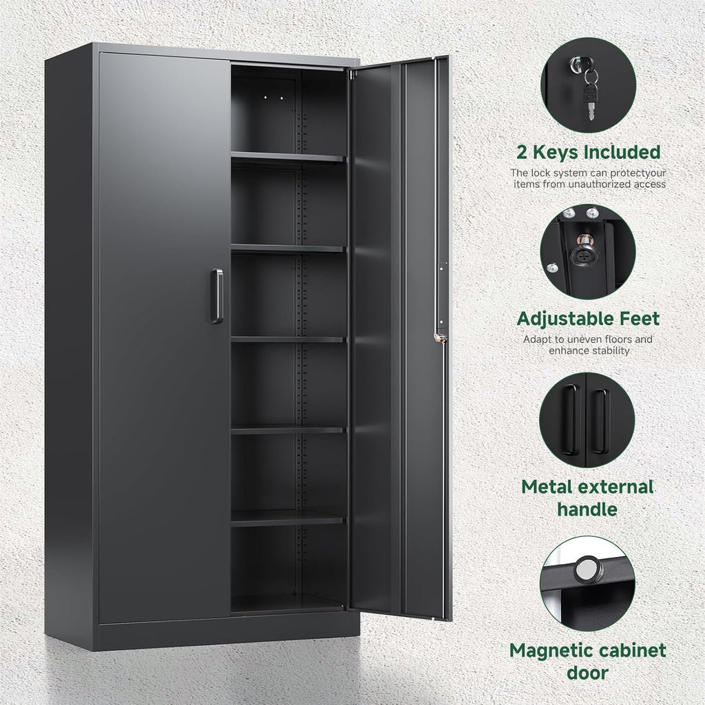 Letaya Metal Garage Storage Cabinets with Lock-72 Tall Tool Organizer Steel Lockers, 5 Adjustable Layers Shelves for Home,Office,Warehouse,Garage,(Black-72“)